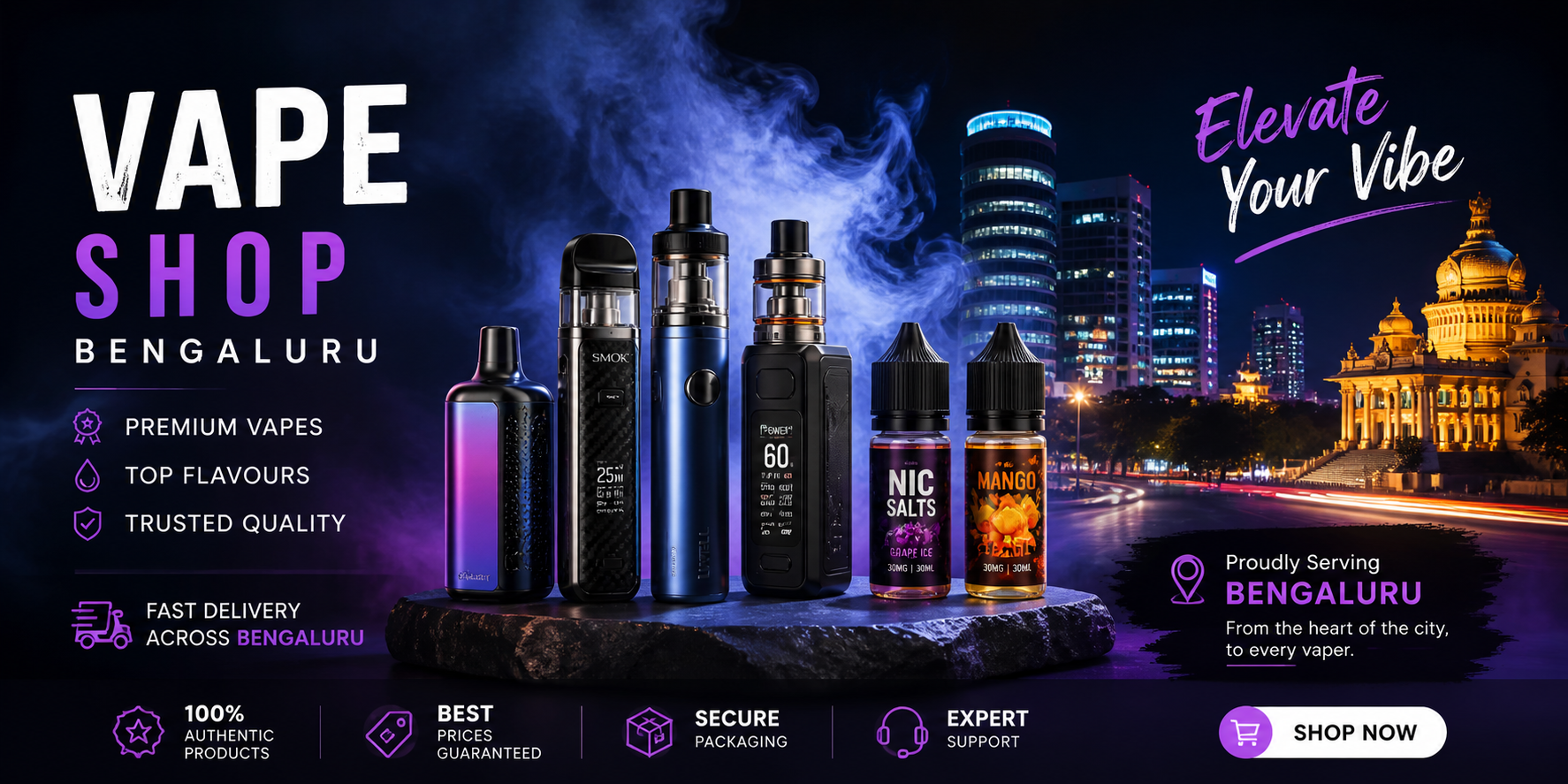 Promotional image of a vape shop in Bengaluru with vape devices and cityscape background.